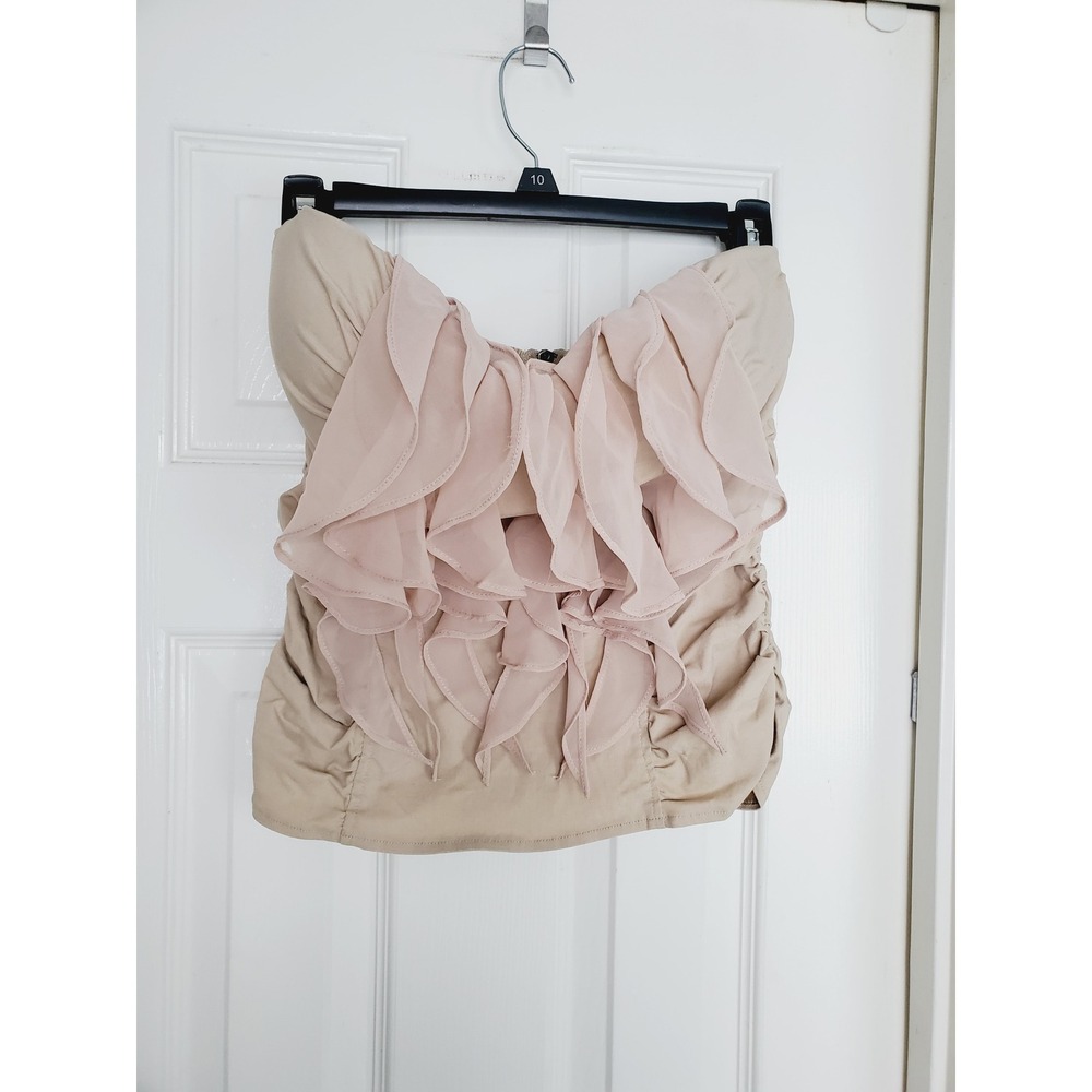 Y2k Festival Tube Top Beige Ruffle Strapless Ruched Corset Indie Zip Back L